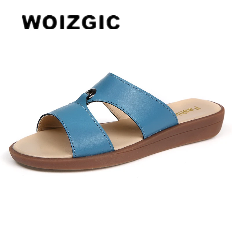 WOIZGIC Women Mother Female Ladies Solid Shoes Sandals Cow Genuine Leather PU Beach Summer Slip On Casual Size 35-41 XLZ-223