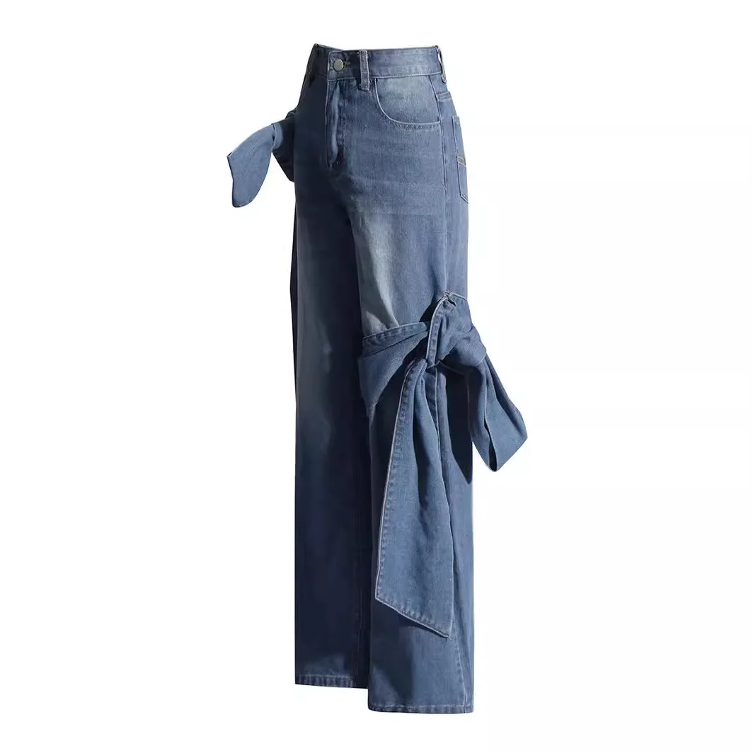 2024 Spring New Washed, Used, Spliced Bow Wide Leg Pants with High Waist and Skinny Design for Women's Jeans