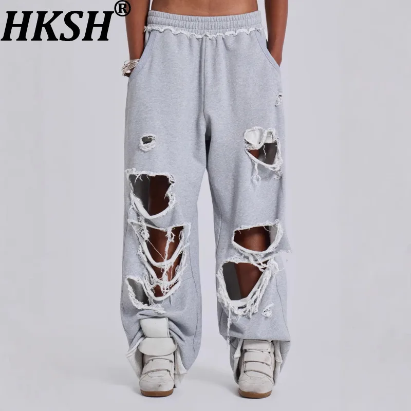 

HKSH весна осень новая мужская уличная одежда стиль повседневный рваный дизайн в стиле хип-хоп модные широкие брюки с эластичной резинкой на талии в стиле панк HK14126