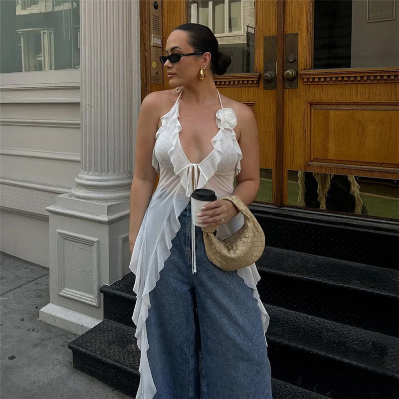 

AKYZO European and American style summer women's hanging neck sexy backless strap mesh slim fit solid color vest