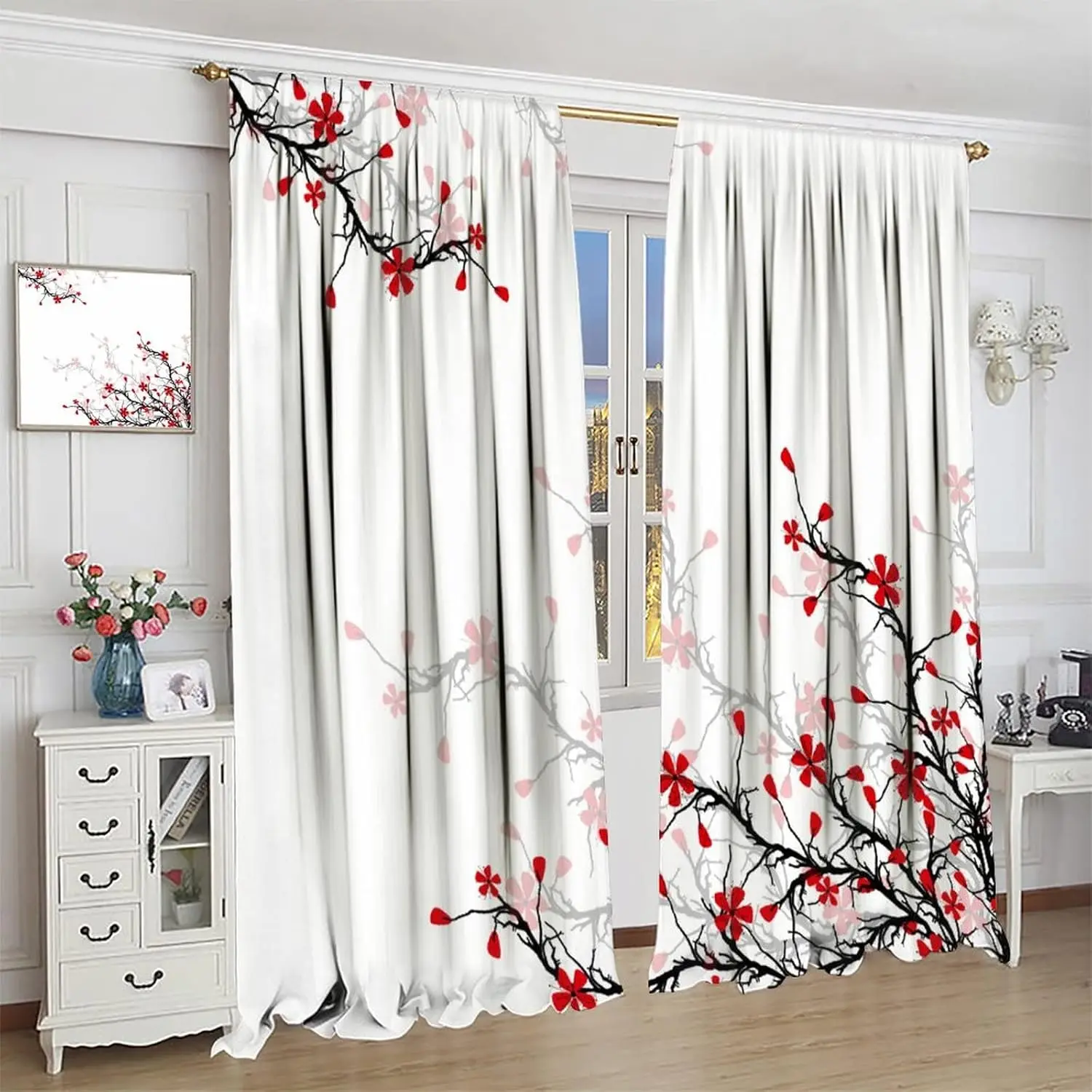 

Cherry Blossom Plum Floral Japanese Window Curtain Red Pattern Sunlight Filtering Drapes Rod Pocket Cafe Bedroom Dining Room
