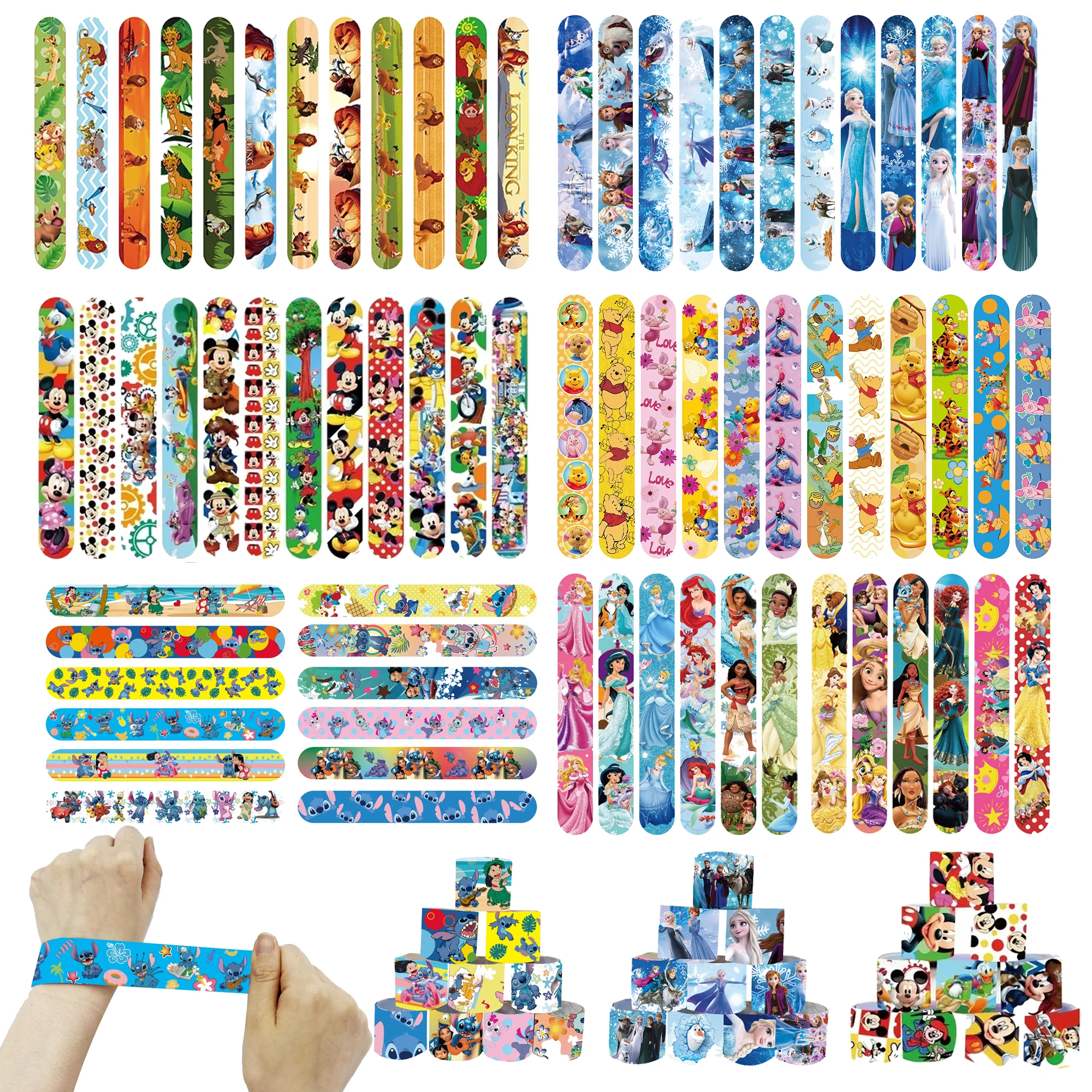 10pcs Slap Bracelets Lilo Stitch Mickey Mouse Princess Frozen Elsa Lion King Winnie Party Supplies Toys Favor for Kids Rewards