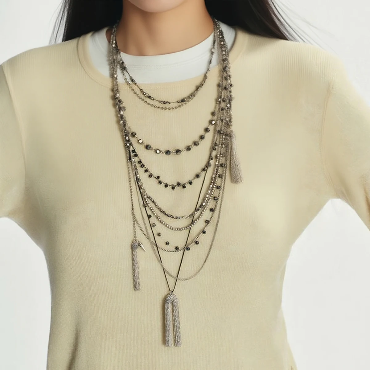 

New ZAA Multi-layer Long Metal Chain Beaded Tassels Pendant Necklace for Women Fashion Holiday Party Jewelry Gifts