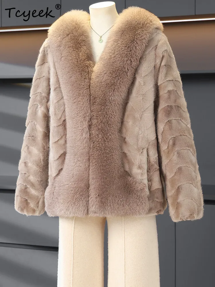 Tcyeek Echte Nertsen Bontjas Vrouwen Warme Winterkleding Vos Bontkraag Damesjassen Mode Nieuw in Outerwears 2025, Fourrure Femme