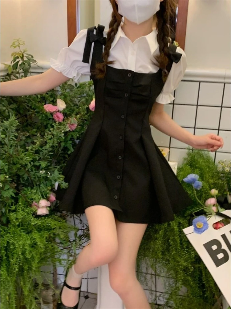 2024 Kawaii Preppy Style Suit Black Slip Dress White Blouse Spring Sweet Korean Fashion Femle Outfit Women Elegant Two Pieces