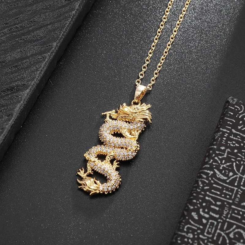 Fashionable Sparkling Zircon Dragon Pendant Retro Chinese Traditional Zodiac Dragon Necklace Fashion Evening Jewelry