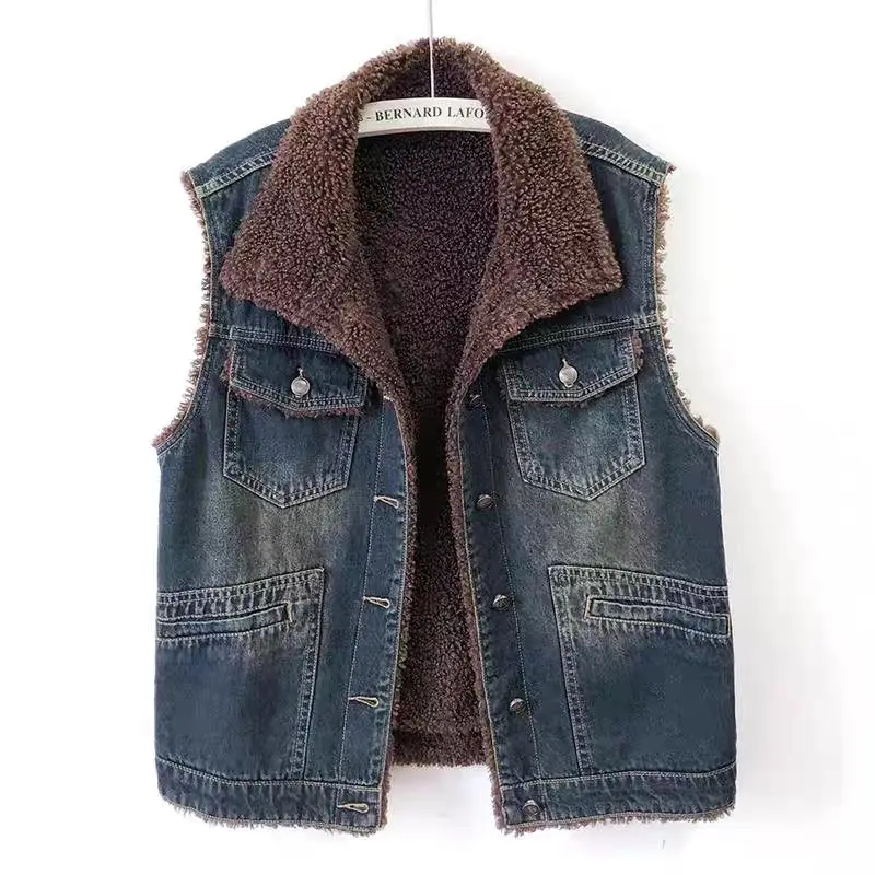 

Джинсовый жилет из шерпы в стиле ретро для женщин на осень и зиму плюс бархатная свободная куртка без рукавов средней длины