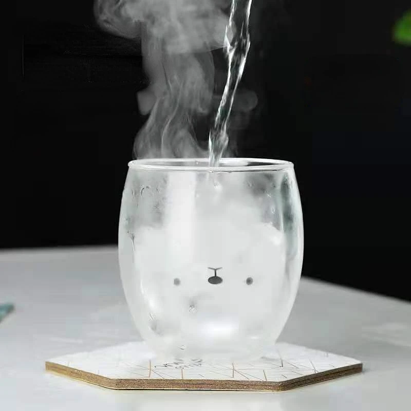 Double Glass Cup Qute Coffee Mug Bear Cat Dog Animal Transparent Cute Milk Juice Tea Drinking Cups Birthday Party Wine Glasses