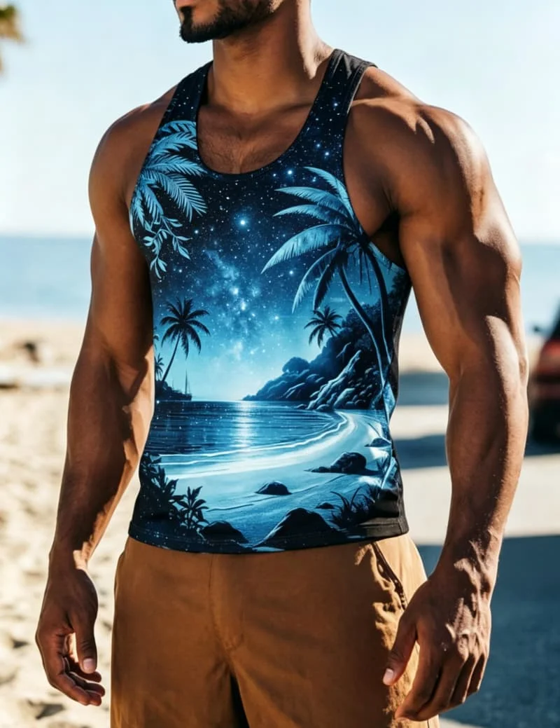Men's tropical island landscape printed sleeveless Tank , for summer fitness, beach travel, daily travel, and casual wear