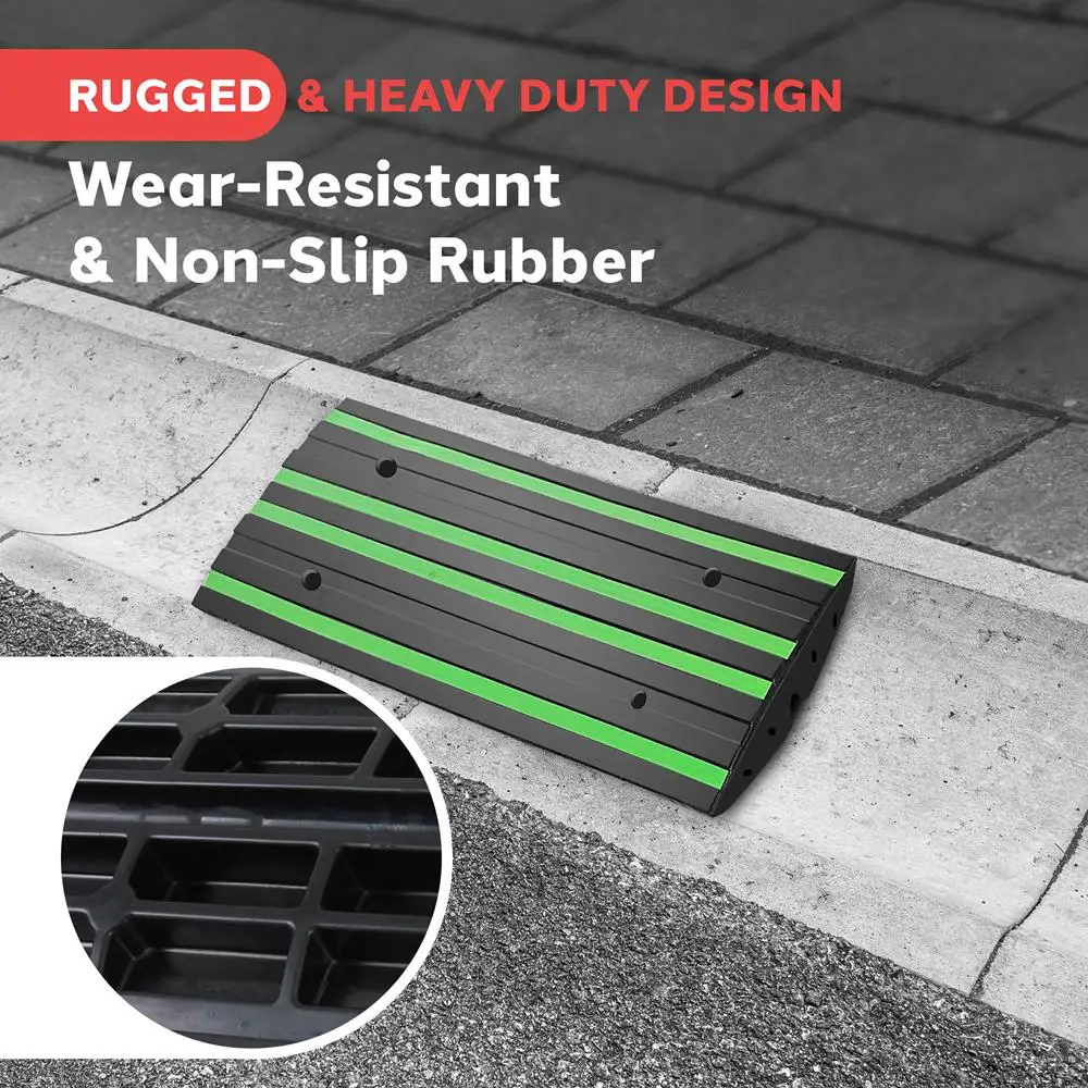 Pyle 2 Ft Rubber Curb Ramp - Non-Slip, Green Reflective, Waterproof for Driveways & Sidewalks