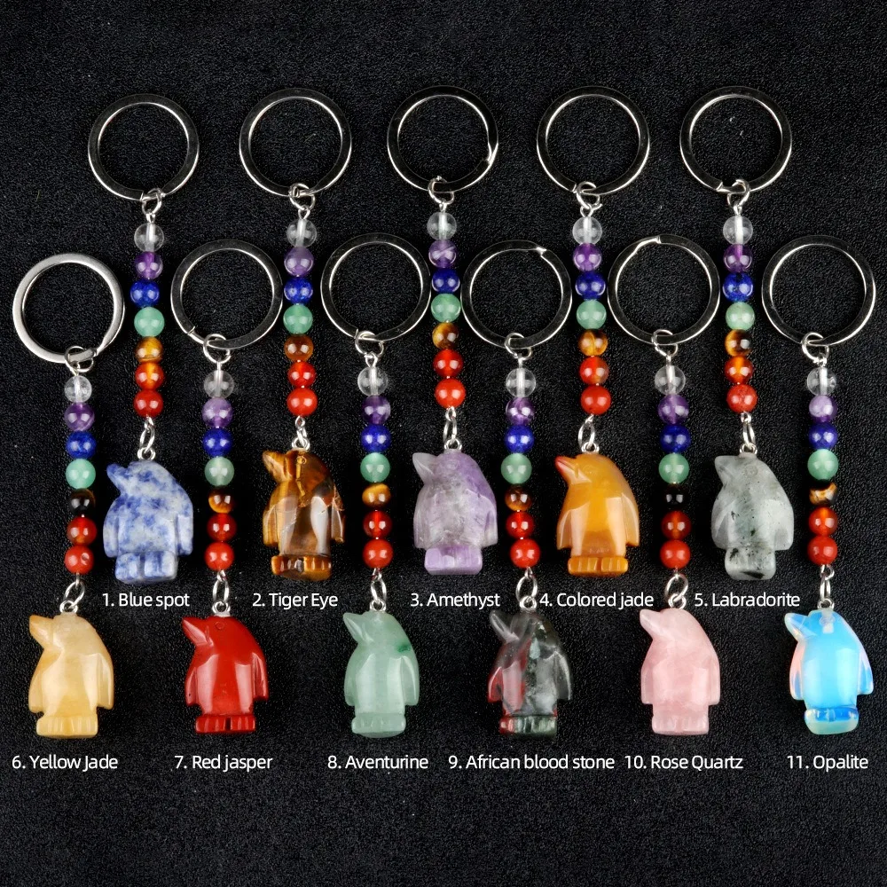 10pcs Carving Penguin Stone Pendant Key Rings 7 Chakra Bead Chain Charms Keychains Crystal Keyrings for Women Men