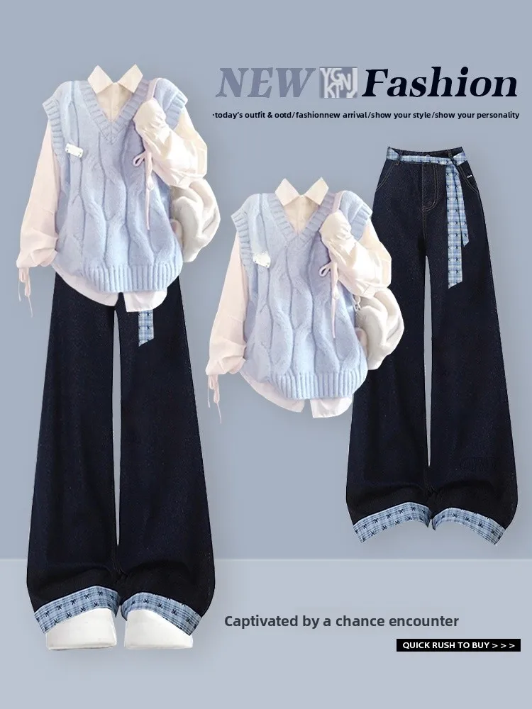 

Корейский студенческий вязаный жилет, клетчатый джинсовый комплект, женский осенне-зимний молодежный повседневный наряд для девочек