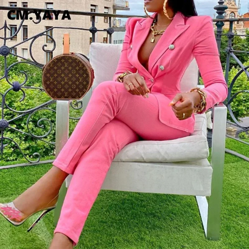 

CM.YAYA Autumn Winter Streetwear Women's Set Long Sleeve Blazer Pants Suit Office Lady Tracksuit Two Piece Set Fitness Outfits