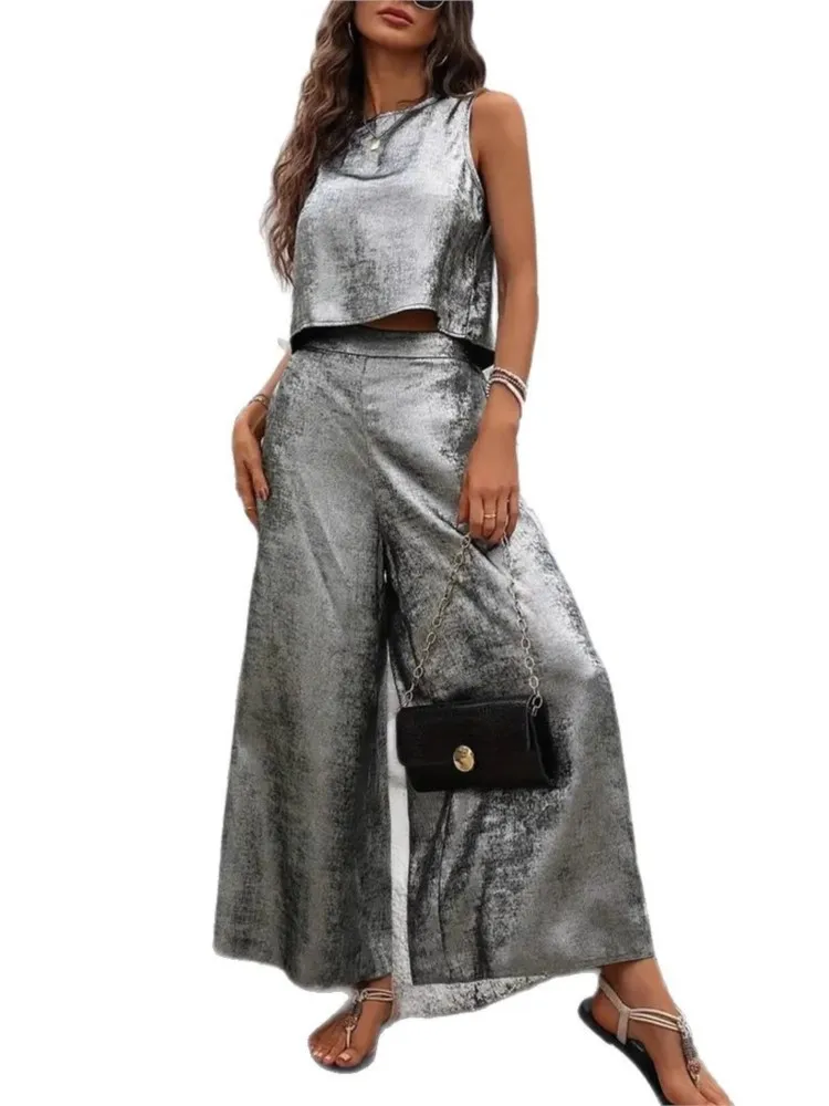 Pantaloni gilet lucidi casual Set da due pezzi per donna Pantaloni larghi senza maniche con scollo a O Pantaloni a gamba larga Estate Nuovo abito moda donna