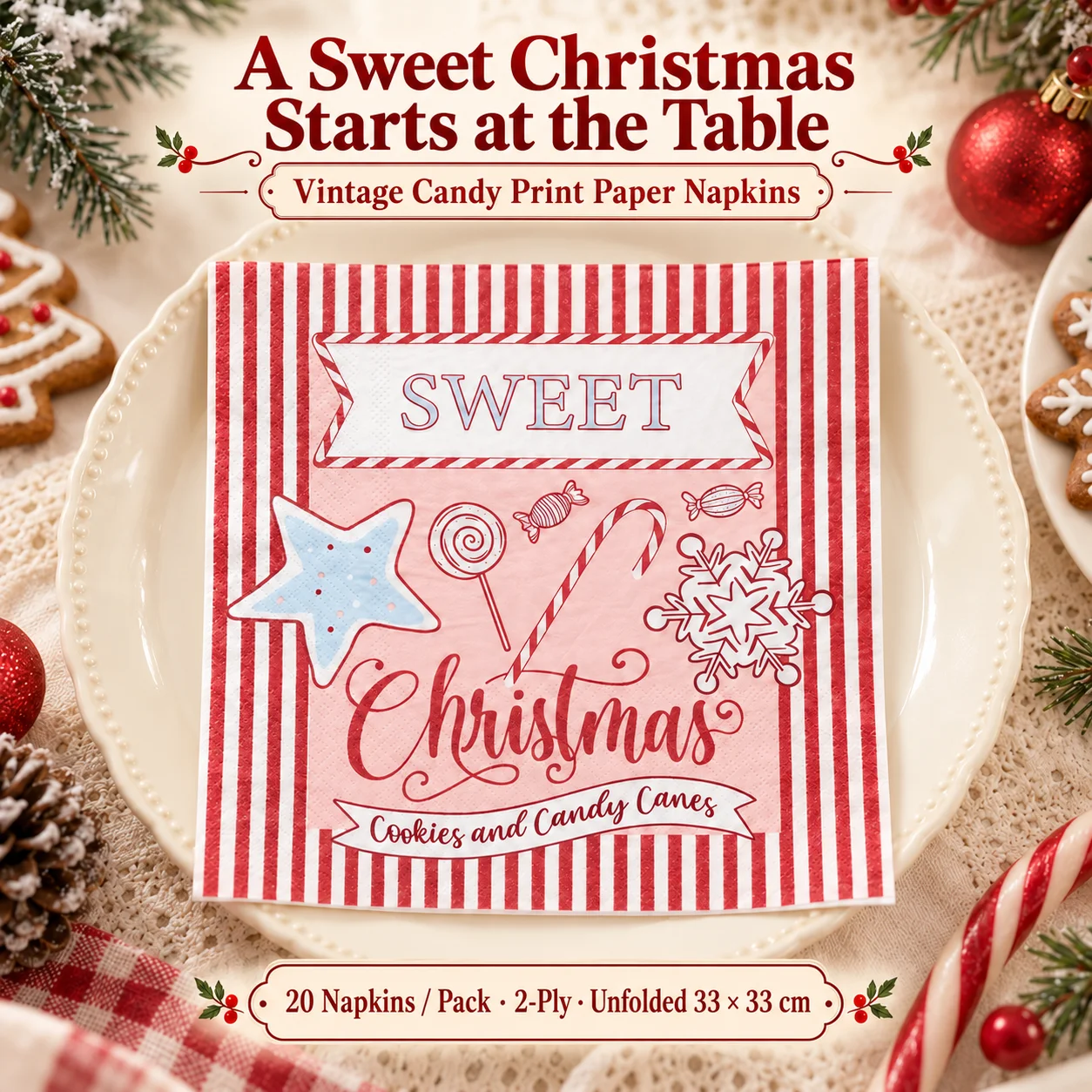 20pcs Sweet Christmas Paper Napkins 2-Ply 33x33cm Candy Cane Red White Striped Napkins for Holiday Table Decoration