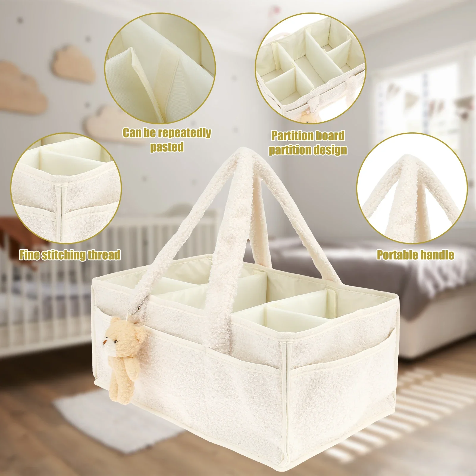 Diaper Bag for Baby Plush Diaper Organizer with Bear Portable Diaper Caddy Organizer with Removable Dividers for Baby Care - view 6