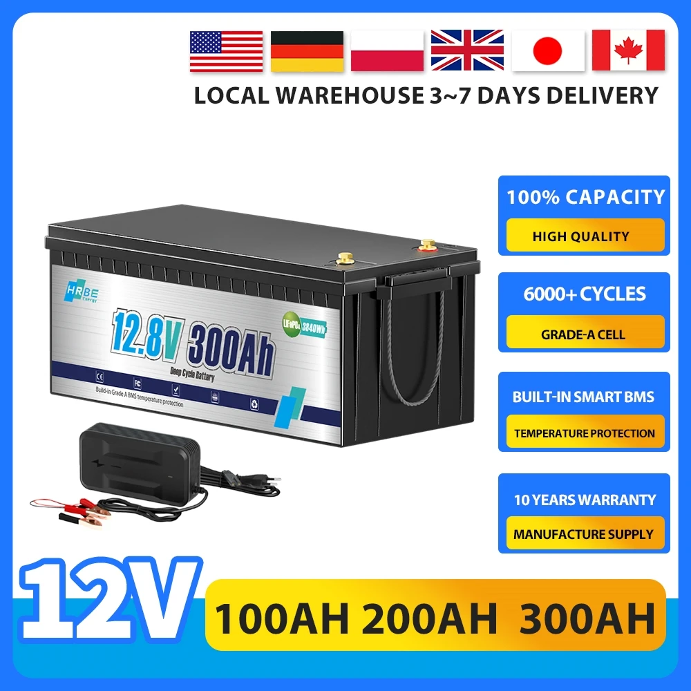 

12V 100AH 200AH 300AH Rechargeable Battery Lifepo4 Batteries Cycles Touring car built in Smart BMS for Marine RV Solar System