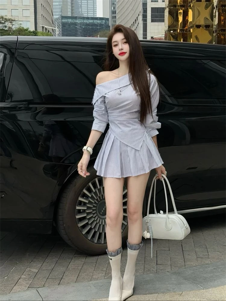 

2026 French Style Striped Off Shoulder Long Sleeve Top High Waist Slim Midi Skirt Set for Women Spring Fashion Elegant Outfit