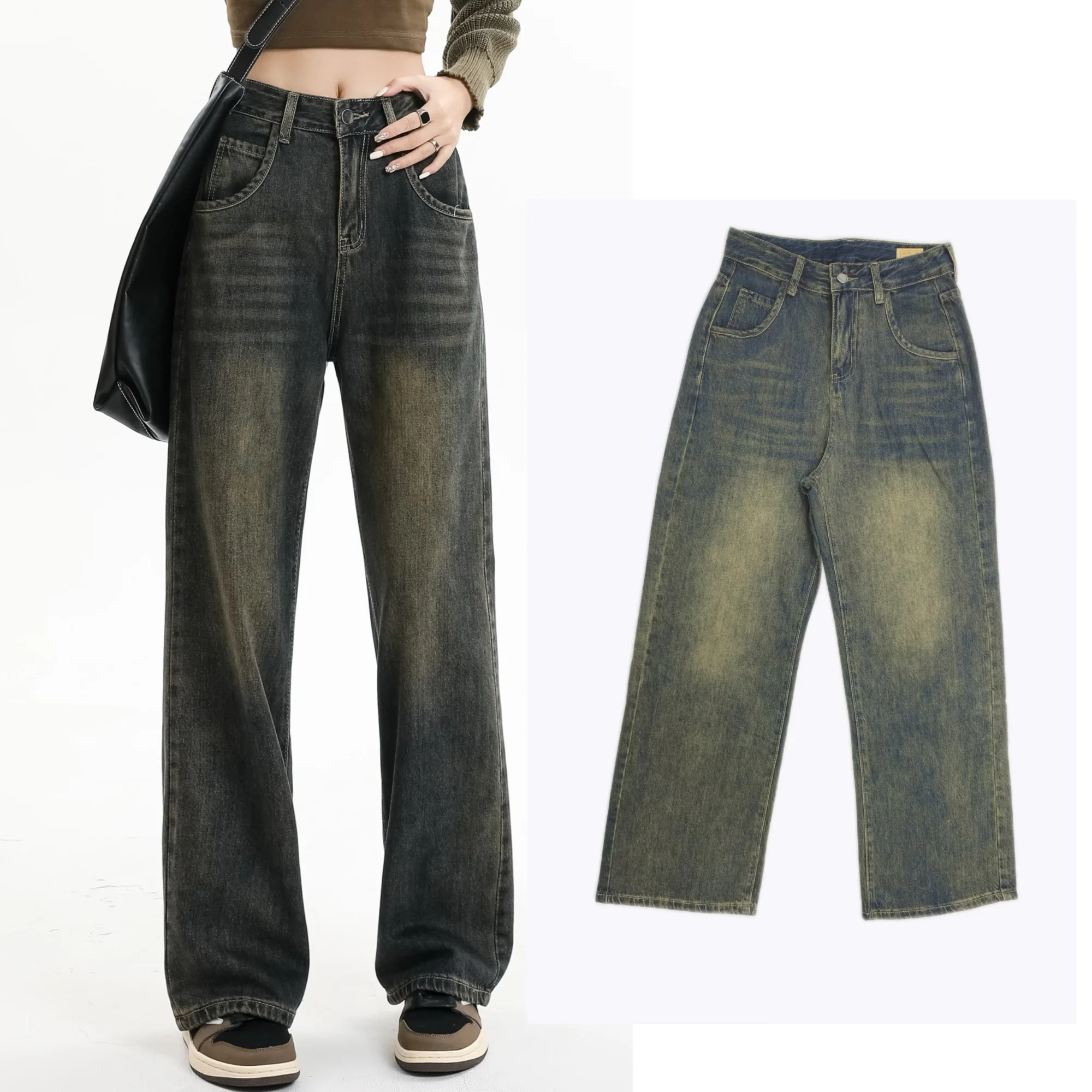 

American style vintage slimming women's straight leg jeans loose and versatile wide leg pants basic fashion casual pants