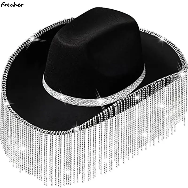 

Rhinestones Fringe Sun Hat Elegant Women Wedding Panama Dress Up Cosplay Party Cap Western Tassels Cowgirl Hats Crystal Chapeau