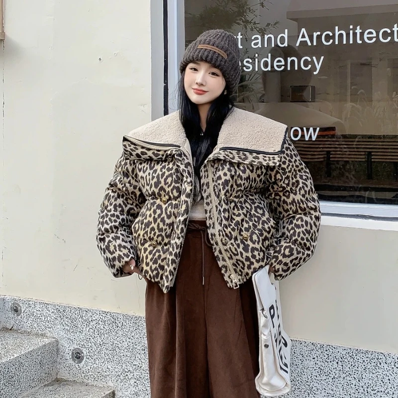 Women\'s Leopard Print Down Coats, Lamb Patchwork Puffer Coats, Large Lapel, Thick Warm Snow Jackets, New Outerwears, Winter