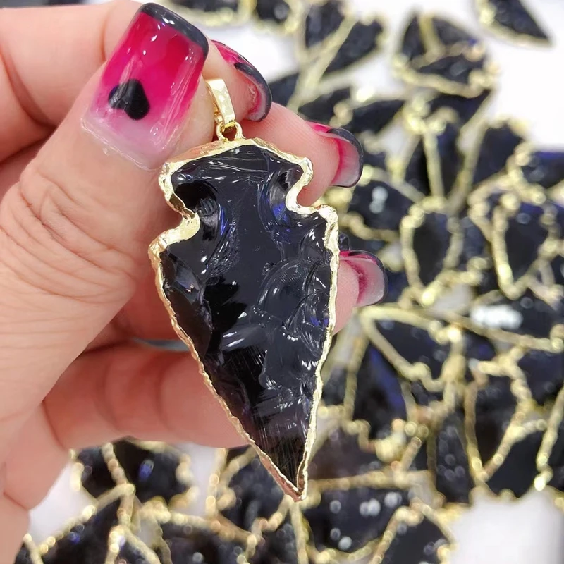 Gold Plated Natural Opal Obsidian Arrowhead Pendant Vintage Fashion Crystal Handmade Knocked Craft Woman Jewelry Making Necklace