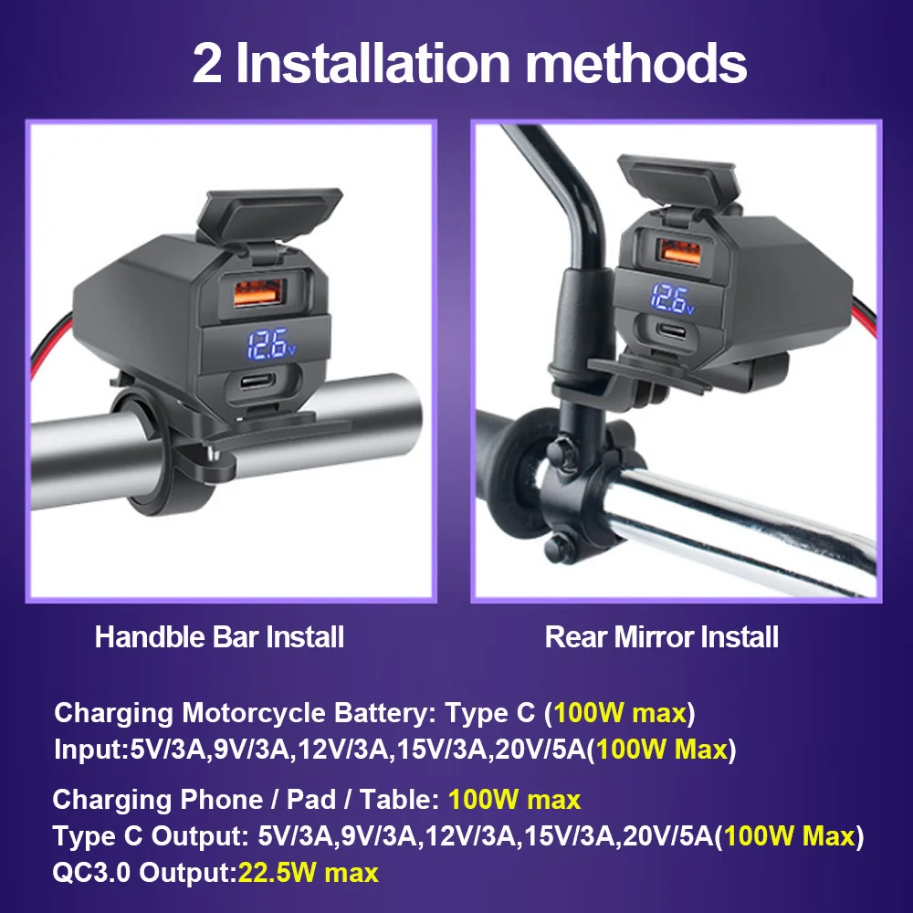100W 2 Ways PD+QC3.0 Fast Phone Charger & Emergency Motorcycle 6-12V Lead-Acid/Lithium Battery Charger Waterproof with Voltmeter view 5
