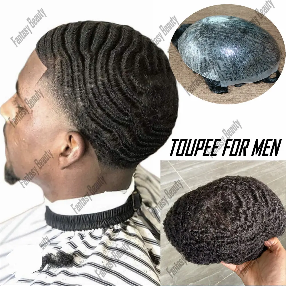 Toupet afro noir de jais pour hommes, base de peau bouclée profonde, délié naturel, 6 ", système de prothèse en cheveux humains, durable, 10mm