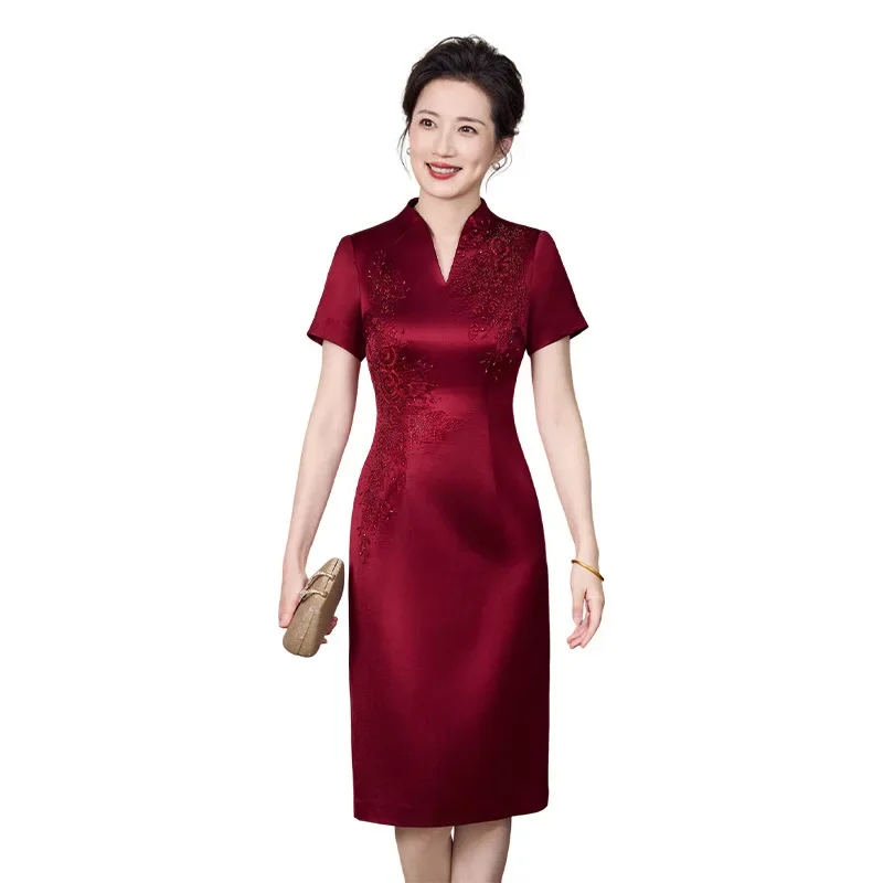 Mid-length summer dress, short sleeve, satin, Chinese style cheongsam, wedding, mother of the bride, evening dress