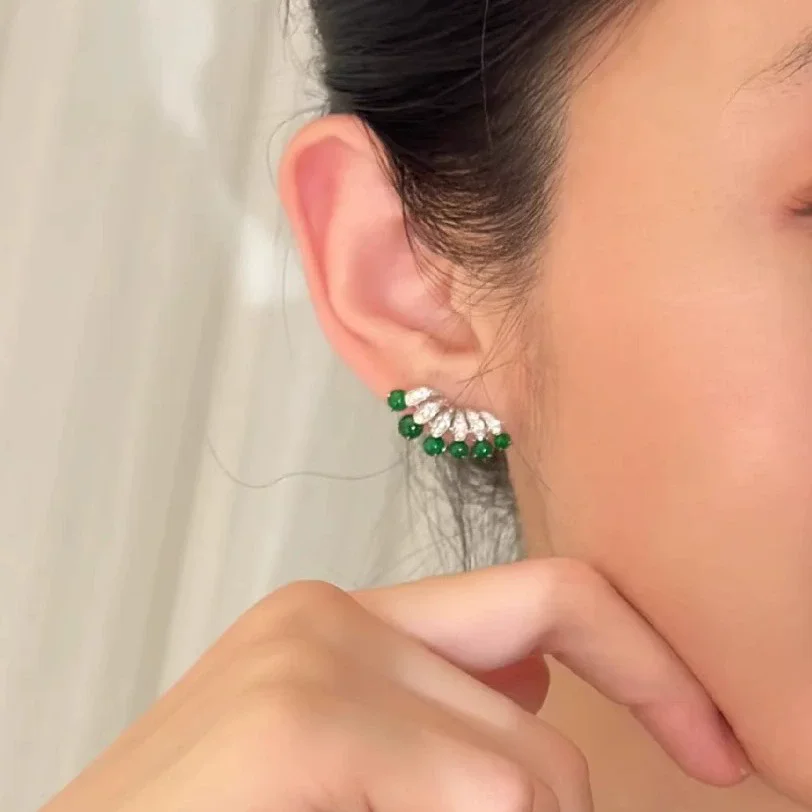 Jade stud earrings women's luxury new Chinese emerald gemstone GREEN delicate ear accessory