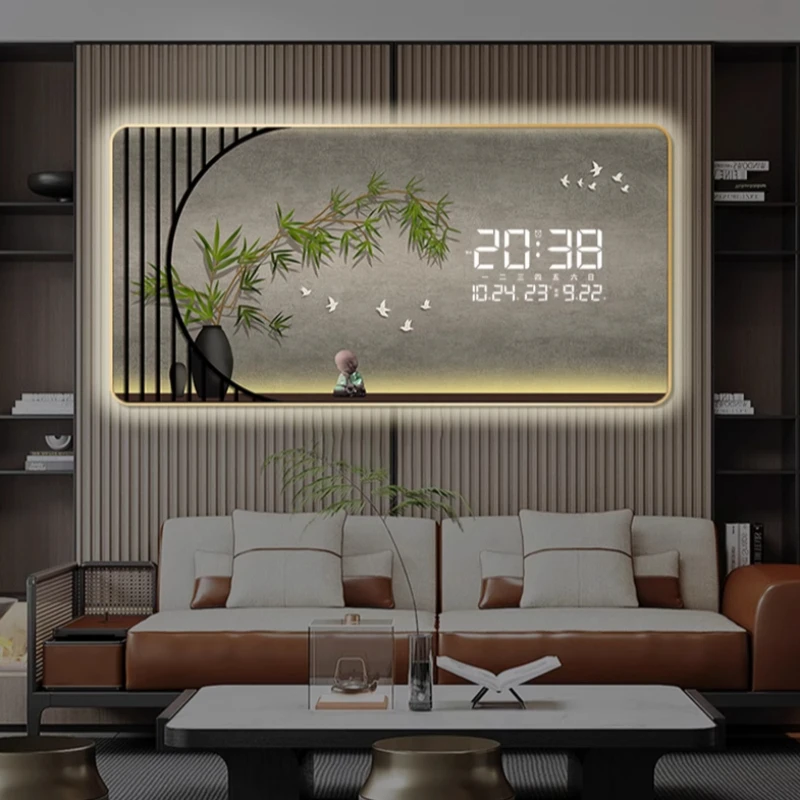 Simple Wind Decorative Painting LED Electronic Clock Living Room Small Fresh New Mural Clock with Calendar Background Light