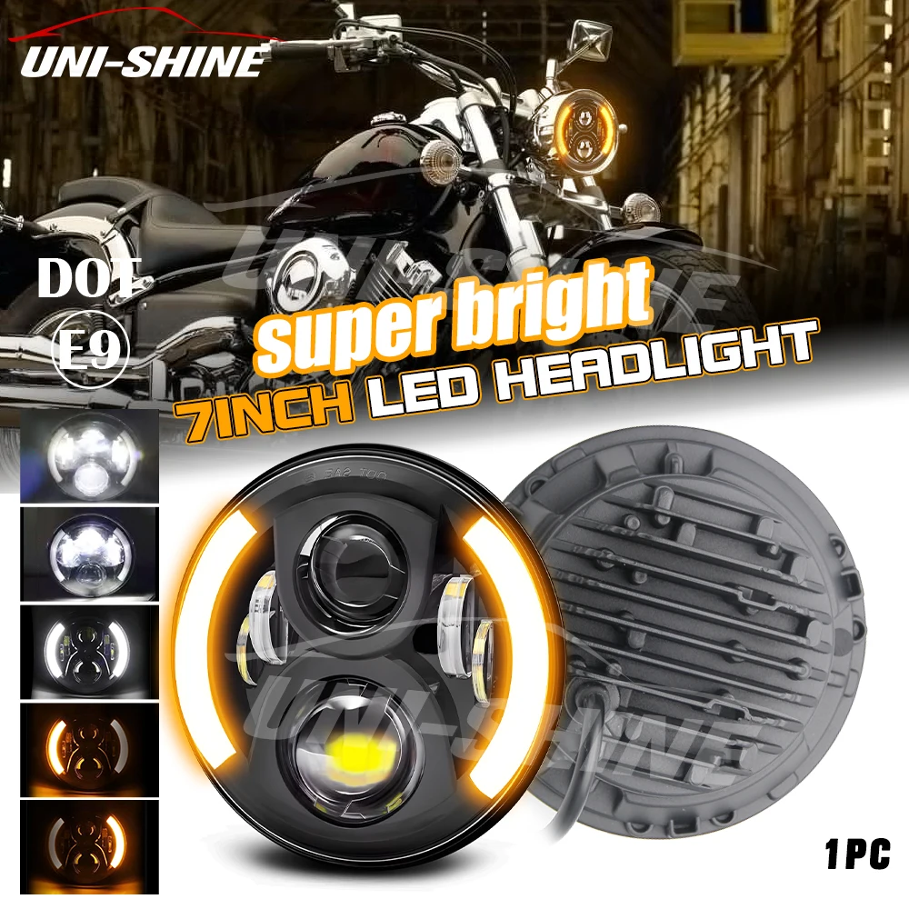 UNISHINE Faro LED per Moto da 7 Pollici, 1 o 2 Pezzi, con Abbaglianti/Anabbaglianti, DRL e Indicatori di Direzione, Rotondo, per Harley Wrangler JK LJ CJ 12, Uso Fuoristrada