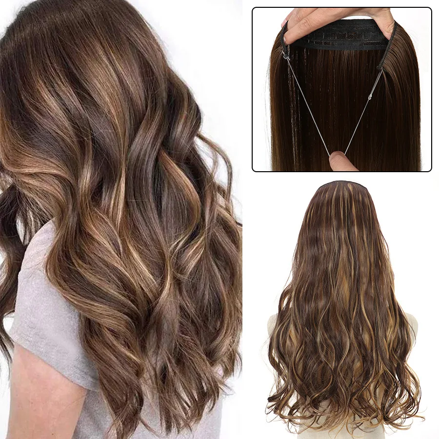 Grande Onda Peixe Sintético Rosca Extensões De Cabelo, Cabelo Encaracolado, Peruca Sem Costura Pedaços, Cortina De Cabelo