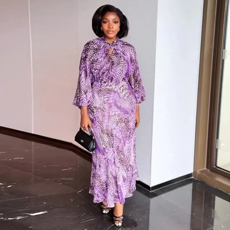 Elegant 2026 Summer Plus Size African Women Snake Print Maxi Dress Scarf Keyhole Neck Long Sleeve Belted Party Ladies Long Gown