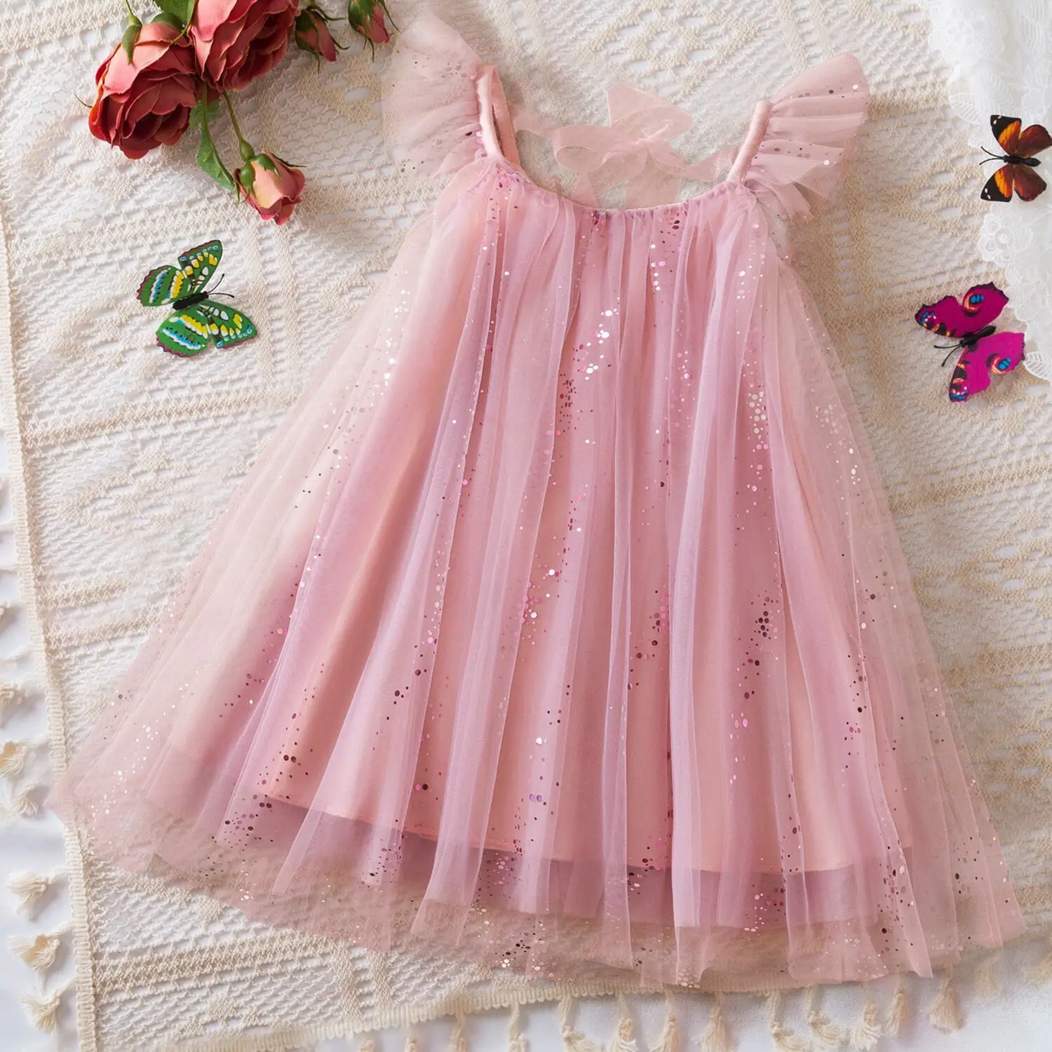 

2025 Summer New Spring Girl Dress Elegant Starry Sky Mesh Princess Dress Girl Flying Sleeve Dress