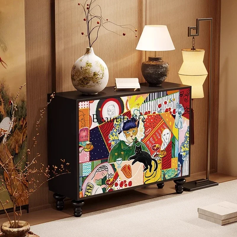 

FG10American retro style living room home locker abstract art painted side cabinet