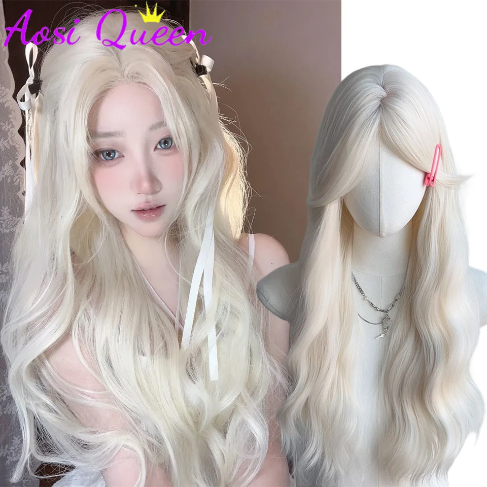 AOSI długie ciało fala białe złoto peruki Cosplay żaroodporne peruki syntetyczne grzywka naturalne peruki Lolita dla kobiet