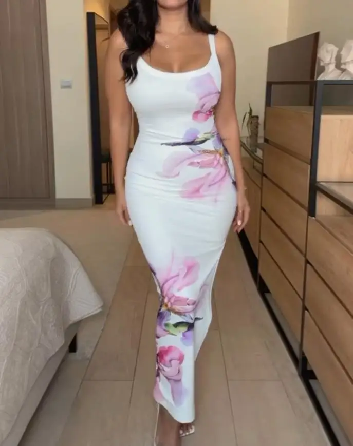 

Womens Dresses 2025 Summer New Fashion Floral Print U-Neck Spaghetti Strap Side Slit Vacation Dress Slim Fit Ribbed Cami Dress
