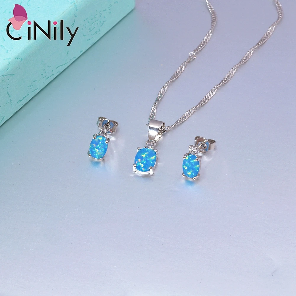 CiNily Fashion Created Blue Fire Opal Jewelry Sets for Women Silver Plated Wholesale Oval Stone Necklace Pendant&Stud Earrings