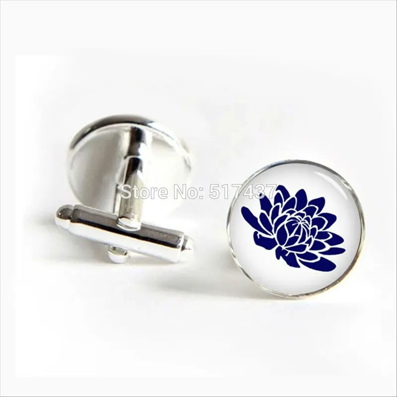 2017 wholesale Blue Lotus Cufflinks yoga Flower Cuff link Shirt Cufflinks Women Glass Cufflinks
