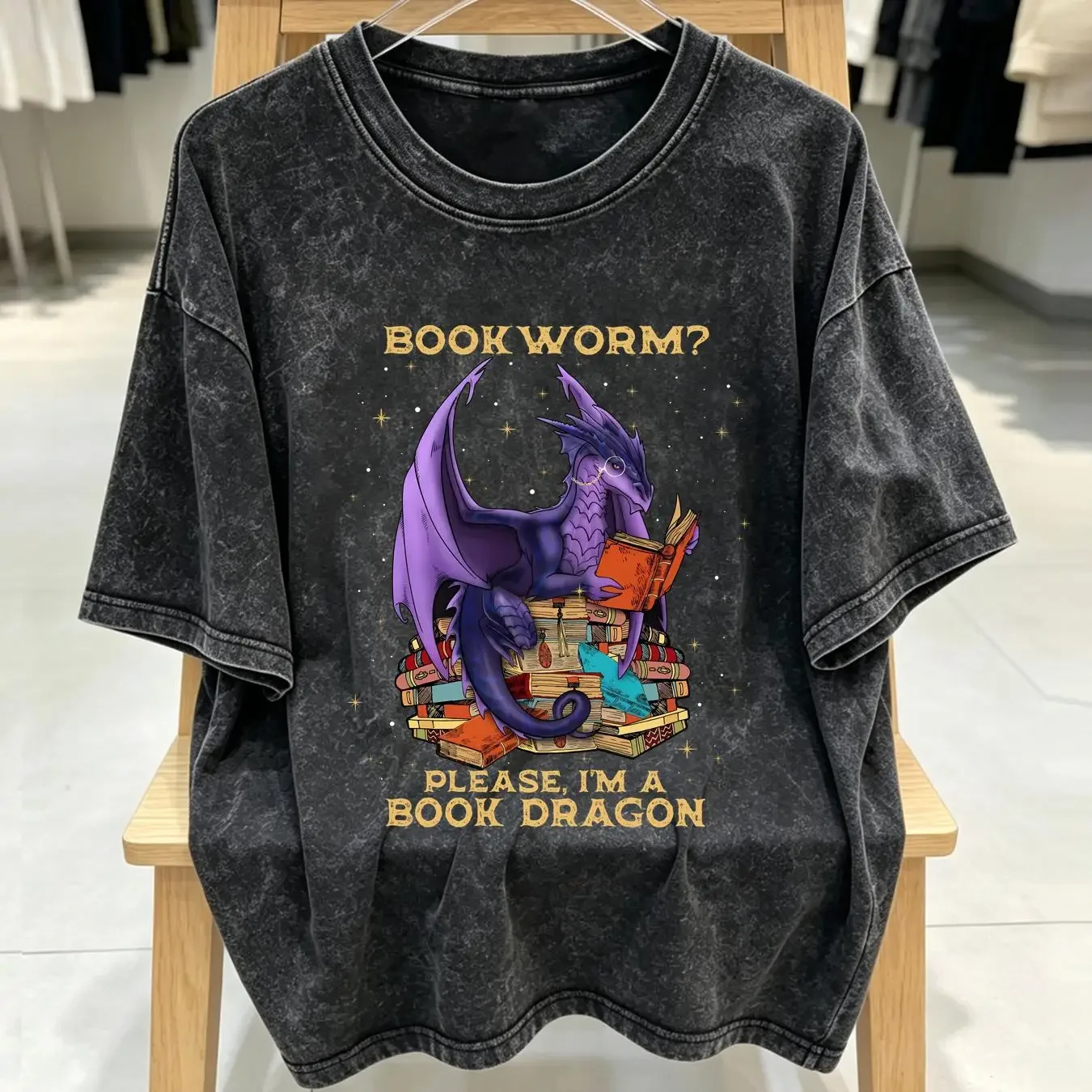 washed T Shirt Dragon Book Bookworm Reading Lover long or short sleeves vintage Washed designer clothes Versatile homme
