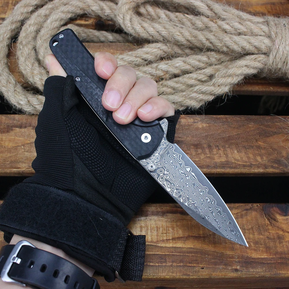 

Новый складной нож T0036-1, дамасская сталь, ручка из углеродного волокна, мульти-тактический нож для выживания, флиппер, EDC, уличный охотничий инструмент