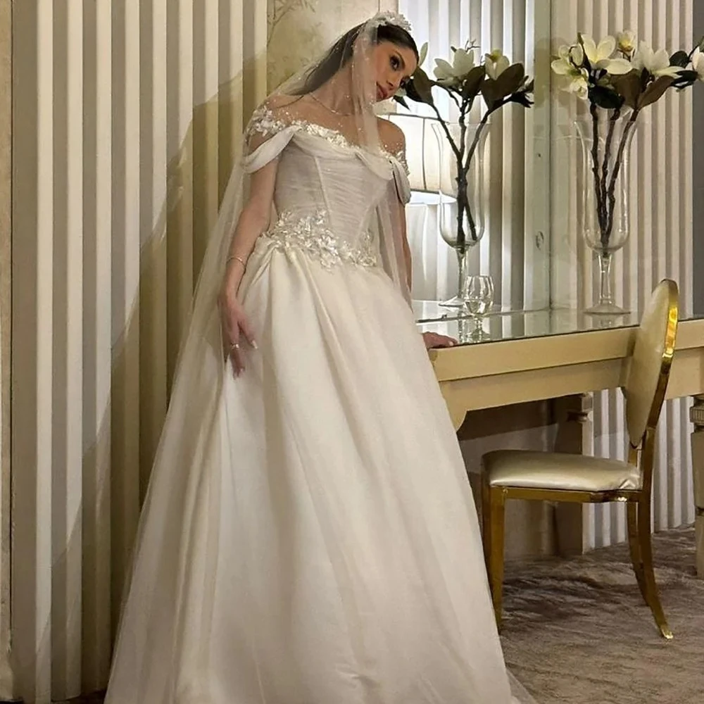 Personalizado 3d flor brilhante vestidos de casamento fora do ombro apliques rendas vestidos de noiva princesa plissados praia baile de formatura vestido de festa feminino