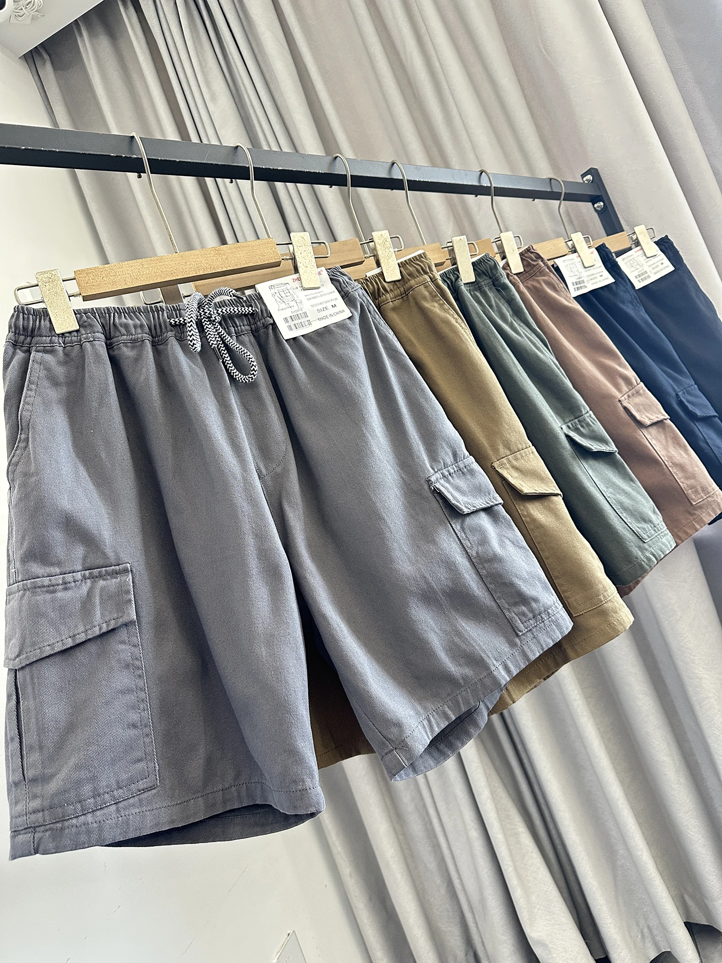 Summer Men's Casual Washed Cotton Shorts Multiple Pockets Loose Fit Loose Large Boxer Shorts Vintage Style Elastic Waistband