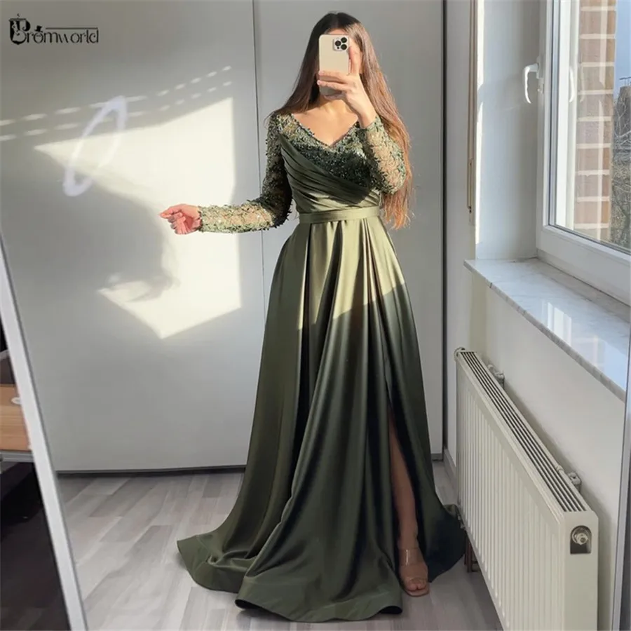 Olive Green Elegant Evening Dresses for Women A-Line Satin Party Dress Long Sleeves V-Neck Lace Beaded Formal Prom Gown