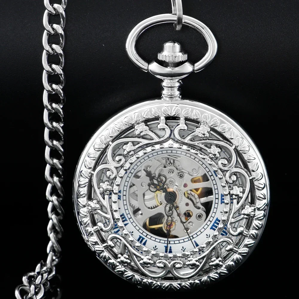 Antique Full Silver Pocket Watch Mechanical Men Steampunk Vintage Hand-wind Engraved Fob Pendant Clock Women PJX1651