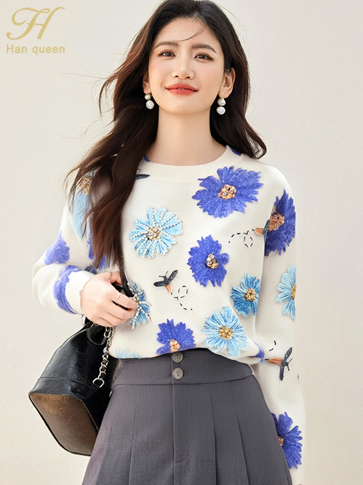 

H Han Queen Simple Autumn Women's Sweater Elegant Long Sleeve Blouse Korean Loose Casual Vintage Office Work Pullover Tops 2025