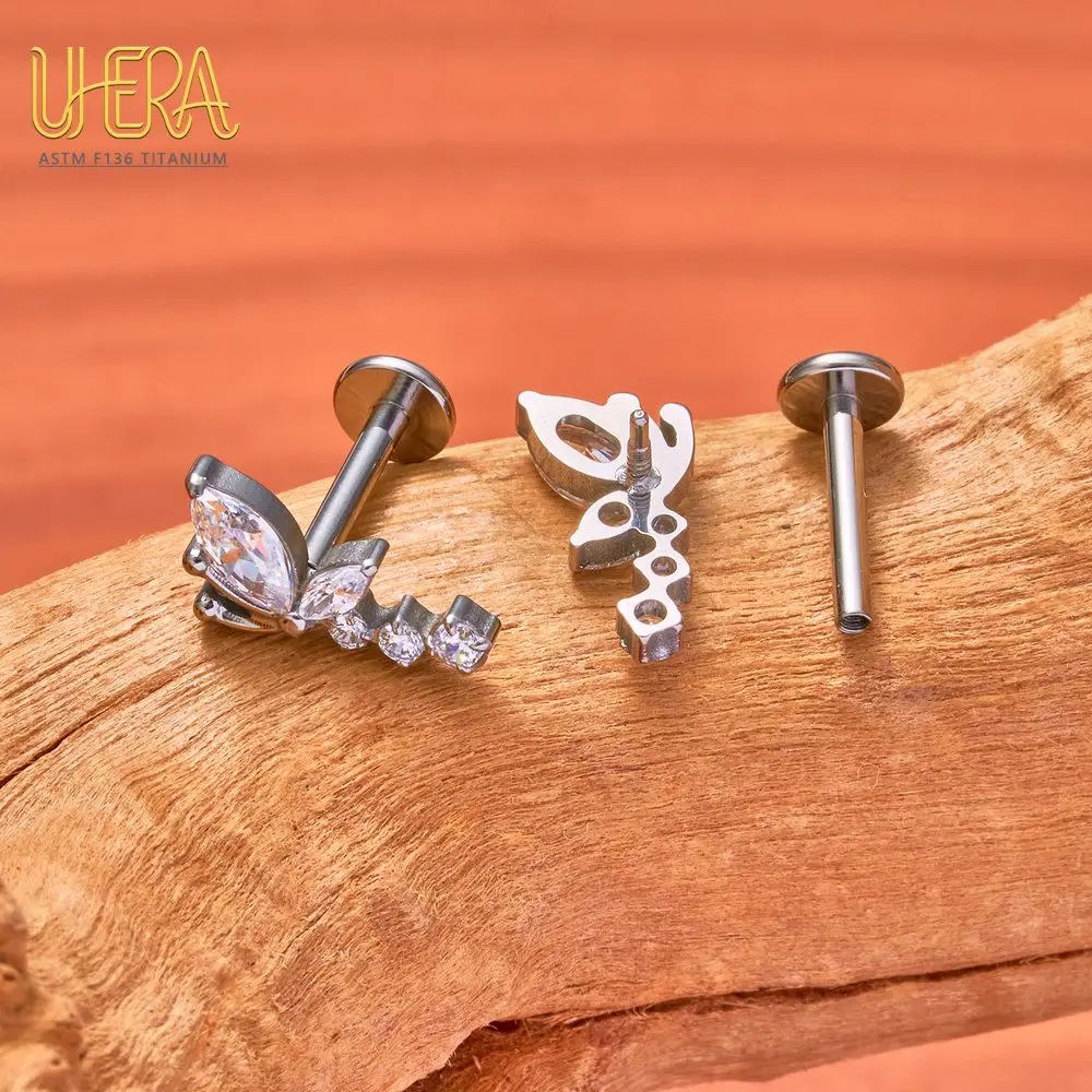 G23 ASTM F136 Titanium Internal Thread Labret Stud Butterfly 16/18G CZ Flat Back Cartilage Tragus Helix Ear Piercing Body Jewelr