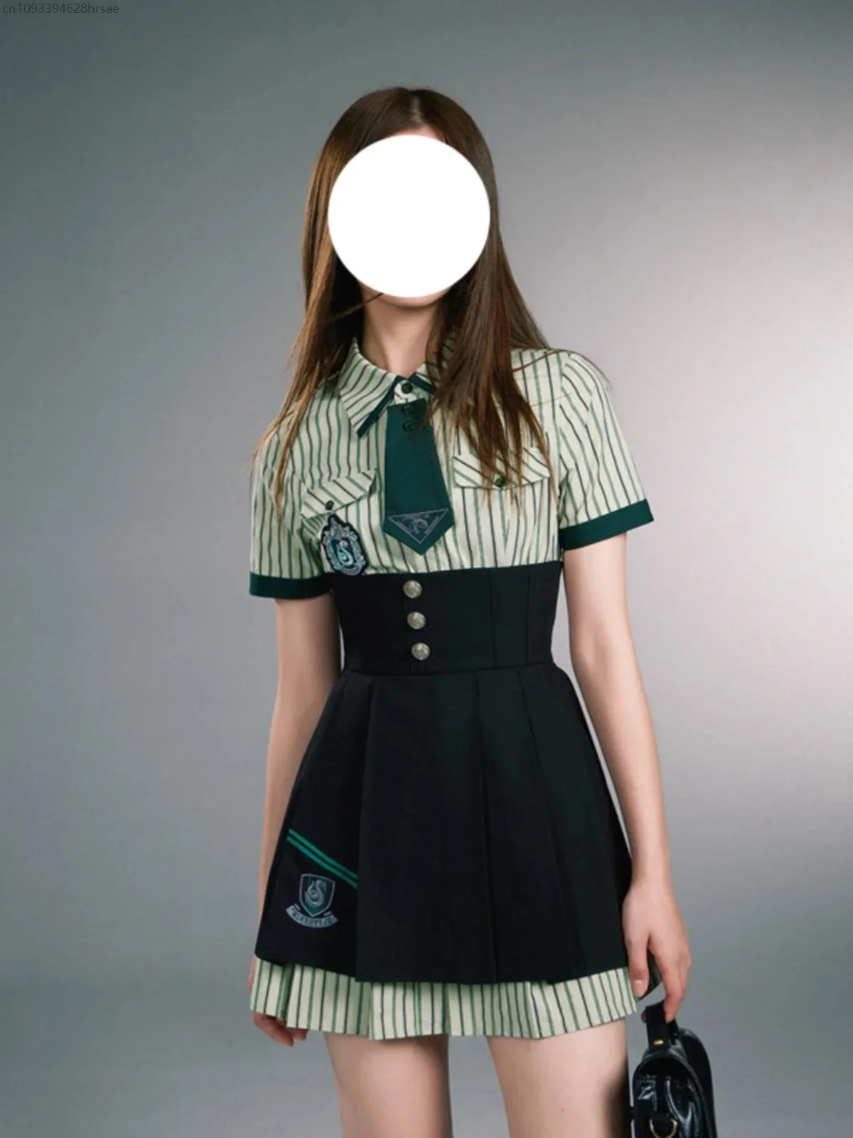 High Waist Pleated Skirt Two-piece Set Women American Preppy Style Green Striped Po lo Neck Short Sleeve Single-breasted Dress