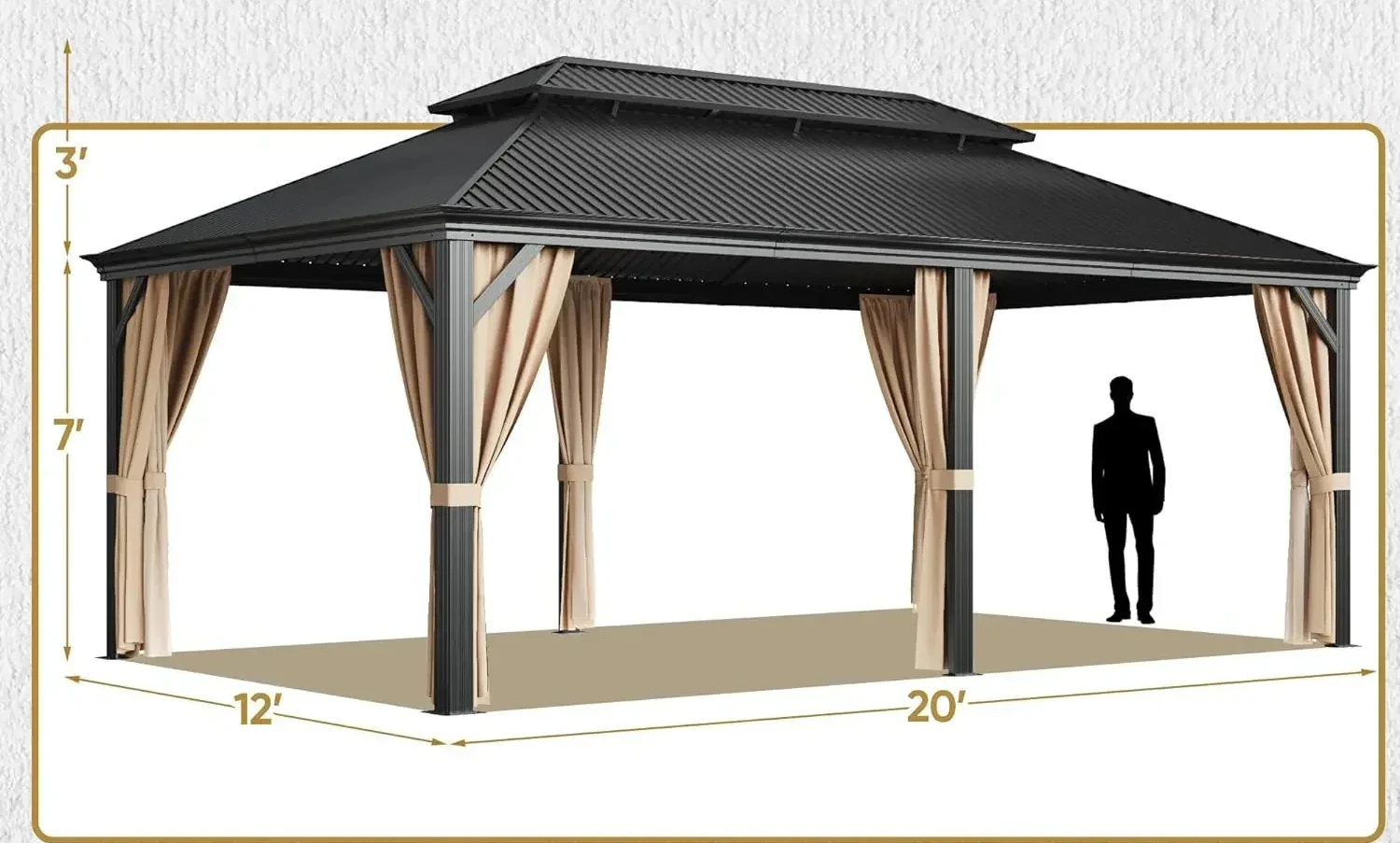 Outdoor Hardtop Gazebo Galvanized Steel Metal Gazebo Aluminum Frame Double Roof Outdoor Gazebo with Nettings and Curtains